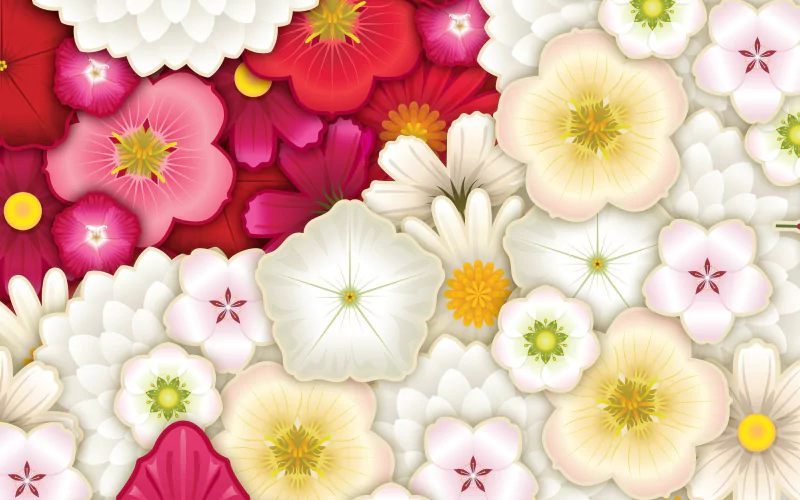 Artistic arrangement of vibrant and delicate flowers in shades of white, pink, and yellow, creating a visually appealing floral pattern.