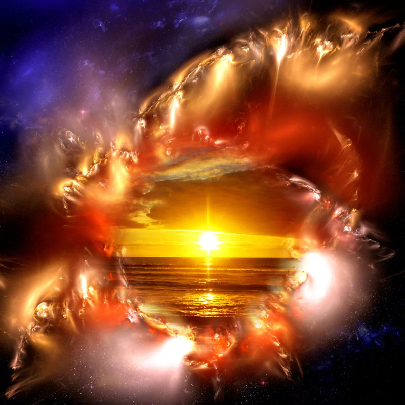 Sci-Fi landscape of a fiery cosmic portal revealing a golden ocean sunset, surrounded by glowing plasma arcs and distant starfields.