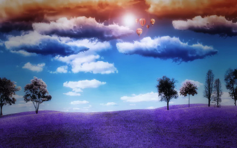 A vibrant landscape featuring purple fields, whimsical clouds, and hot air balloons floating in a bright sky, showcasing stunning photography manipulation techniques.