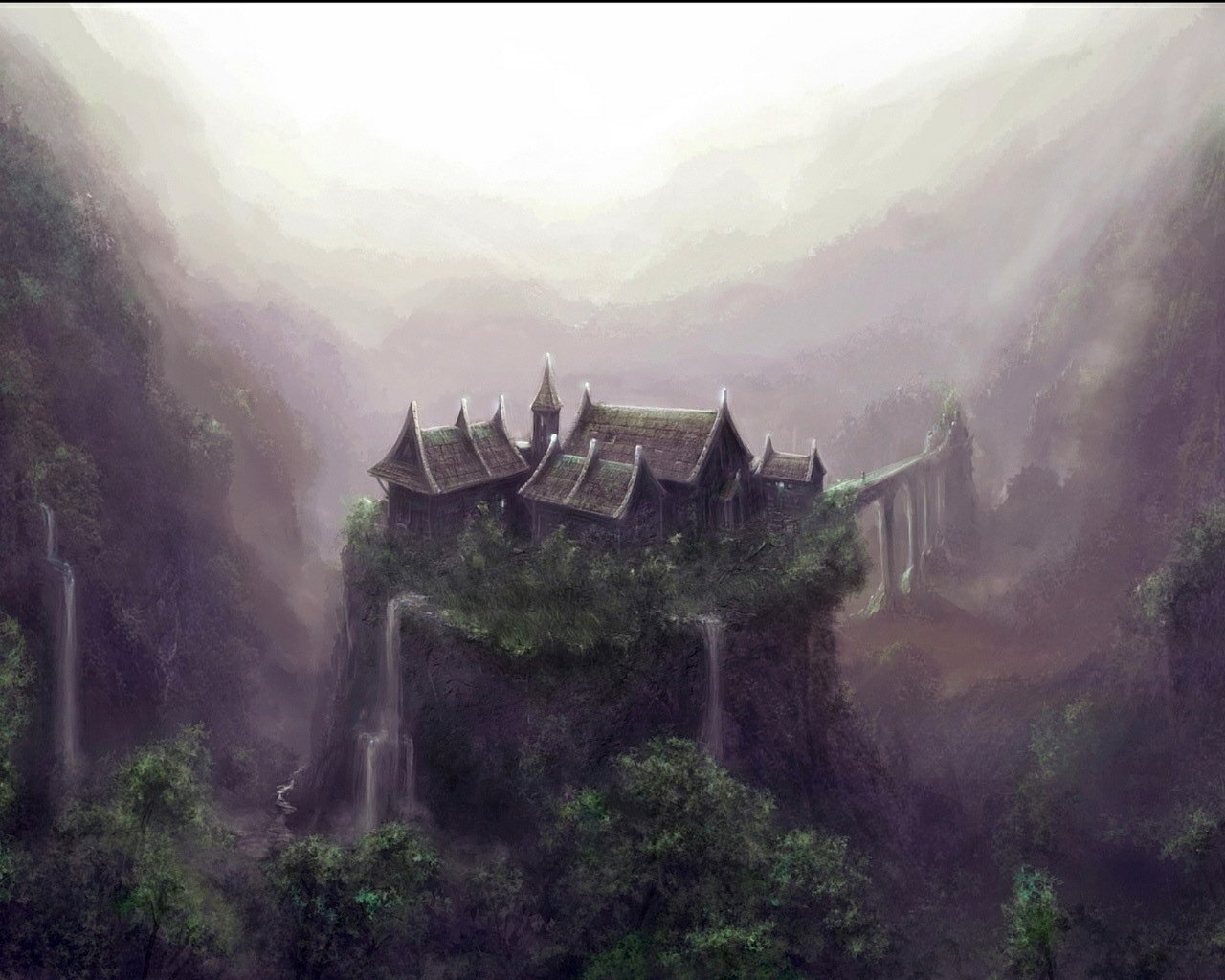 Misty fantasy landscape: a cliff-top complex with pagoda roofs on a mossy plateau, waterfalls spilling into a fog-filled valley.