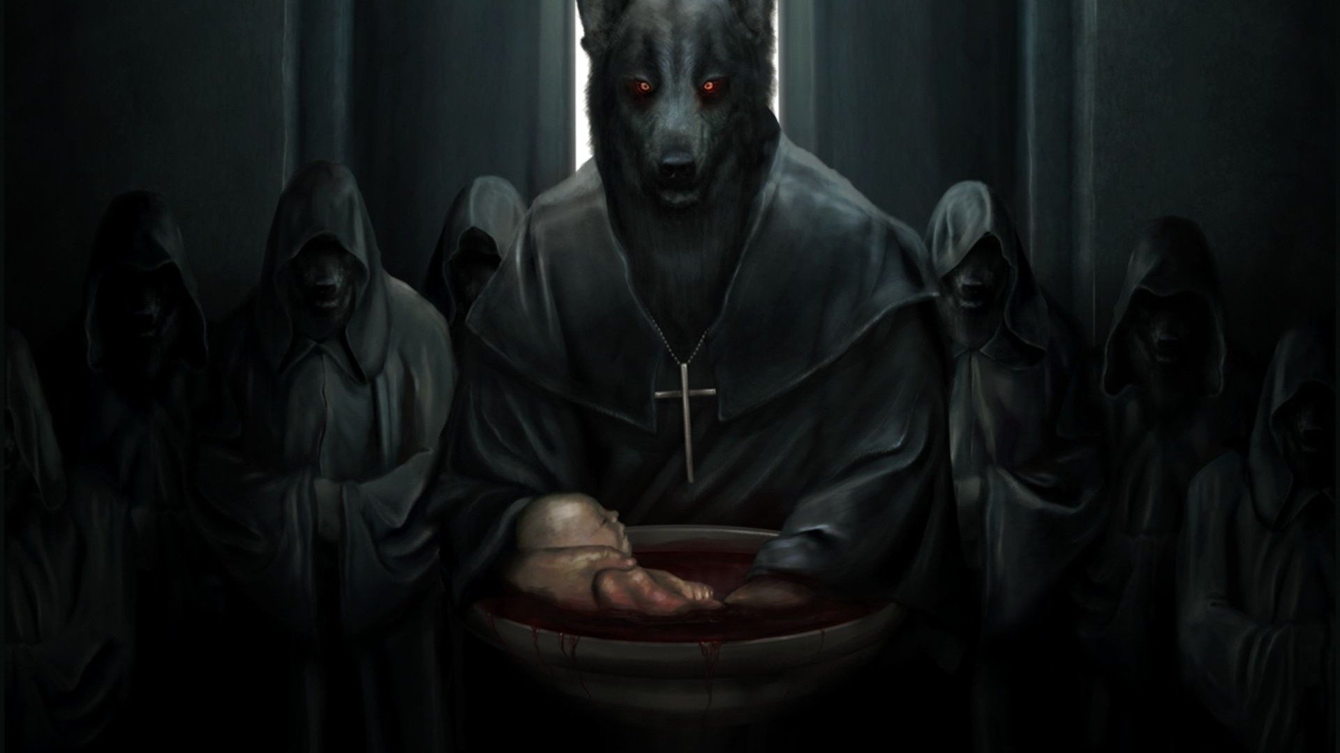 A dark, ominous scene features a werewolf in a hooded robe, holding a child in a bowl, surrounded by shadowy figures in cloaks, evoking a sense of dread and ritual.
