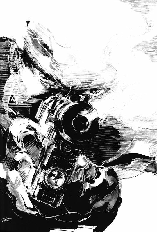 High-contrast ink art inspired by the Metal Gear Solid video game: a masked soldier aims a scoped rifle straight at the viewer amid swirling smoke and bold brushstroke textures.
