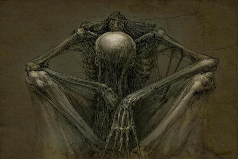 Dark, eerie illustration of a skeletal figure crouching with elongated limbs and a distorted skull against a muted, textured background.