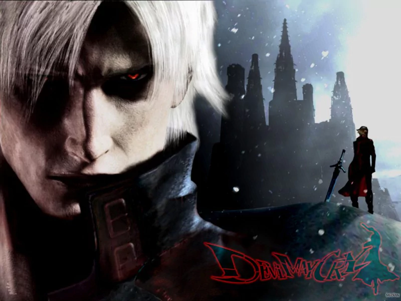 Close-up of a character with white hair and a dark coat from the video game Devil May Cry, with a shadowy gothic castle and a figure holding a sword in the background.