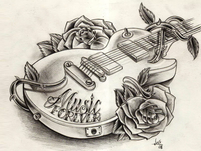 A detailed sketch of a guitar surrounded by roses, featuring the words Music Forever artistically intertwined with the instrument, celebrating the beauty of music.