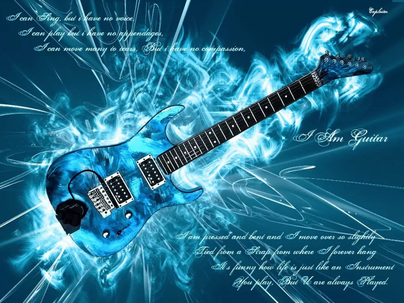 A blue electric guitar stands against a vibrant swirl of colors, embodying the essence of music with text expressing a deep connection to the art of playing.