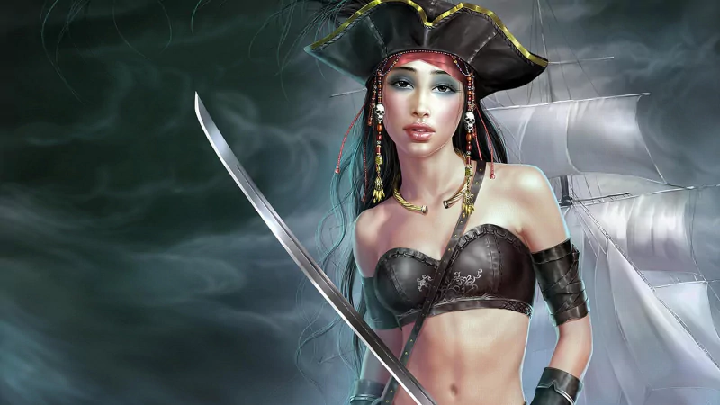 Fantasy pirate woman in a tricorn hat and leather armor brandishes a cutlass aboard a ghostly ship, billowing sails and stormy seas swirling around her.
