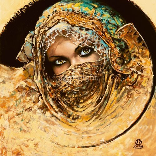 A fantasy woman with striking eyes, her face partially covered by a textured, ornate veil and headpiece in warm golden and turquoise tones.