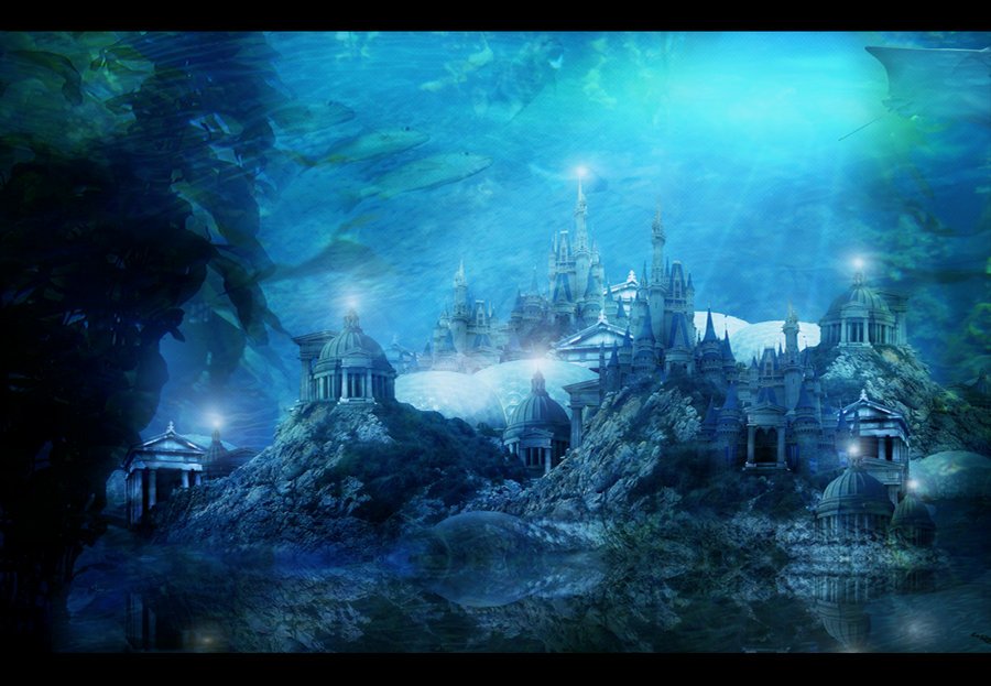 A fantasy cityscape submerged underwater, illuminated by a mystical blue glow, with ancient temple-like structures nestled among rocky terrain.