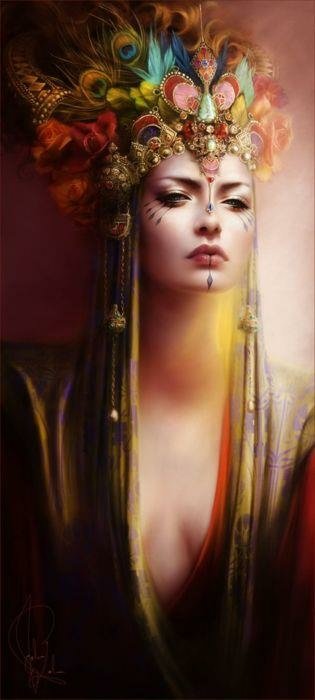 A mystical woman adorned with a vibrant feathered headdress and intricate jewelry exudes an ethereal charm, embodying the essence of fantasy.