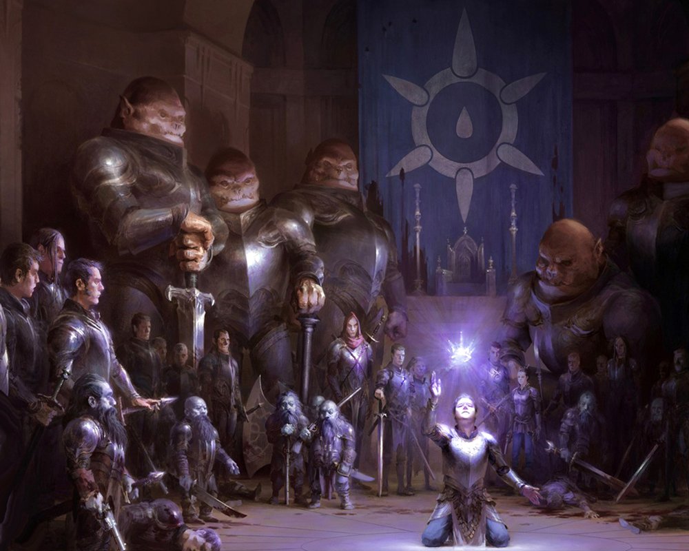 A heroic figure kneels, glowing with magical energy, surrounded by a circle of imposing armored warriors in a dark, fantasy setting.
