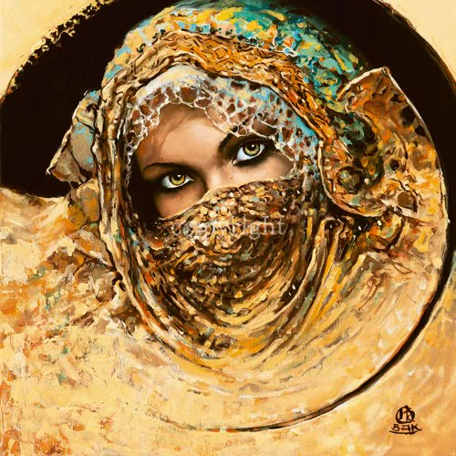 A fantasy woman with striking eyes, her face partially covered by a textured, ornate veil and headpiece in warm golden and turquoise tones.