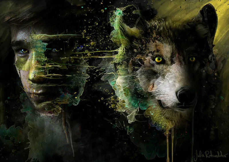 A dark, artistic depiction of a werewolf blending a human face with wolf-like features, surrounded by swirling colors and shadows.