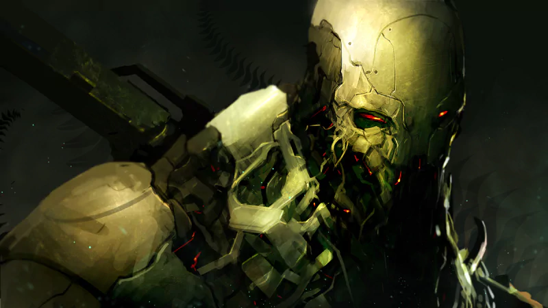 A dark sci-fi scene featuring a menacing cyborg with glowing red eyes and intricate mechanical details.