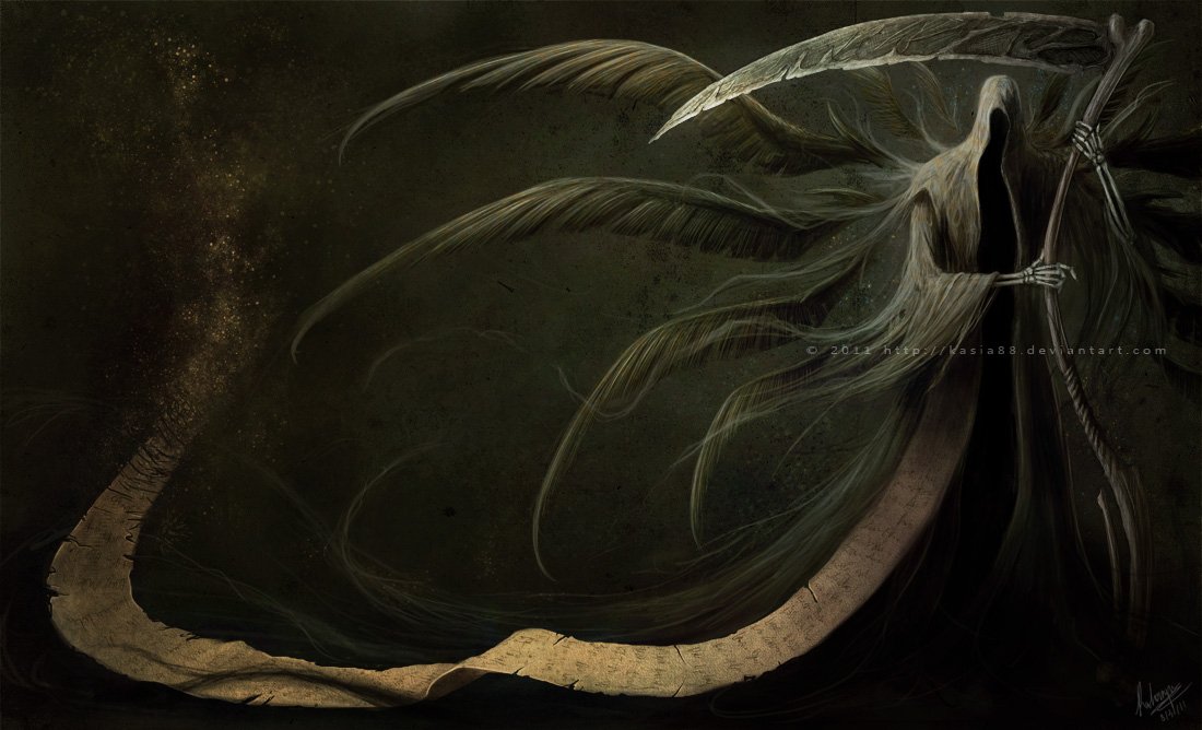 A dark, eerie depiction of the grim reaper by Katarzyna Zalecka (kasia88), embodying death with flowing, tattered robes and a large scythe against a shadowy background.