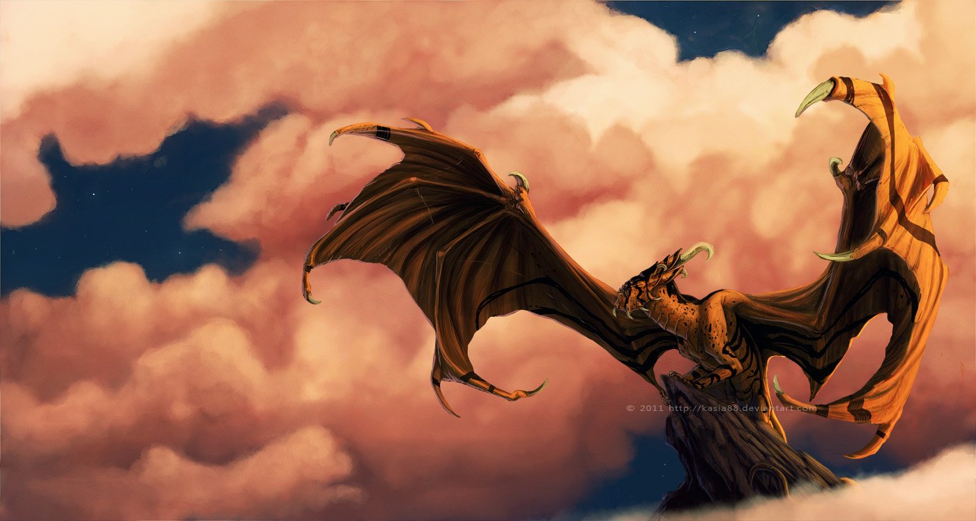 A fantasy dragon creature soars through a vibrant sky with fluffy clouds, illustrated by Katarzyna Zalecka (kasia88).