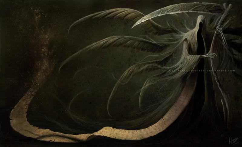 A dark, eerie depiction of the grim reaper by Katarzyna Zalecka (kasia88), embodying death with flowing, tattered robes and a large scythe against a shadowy background.