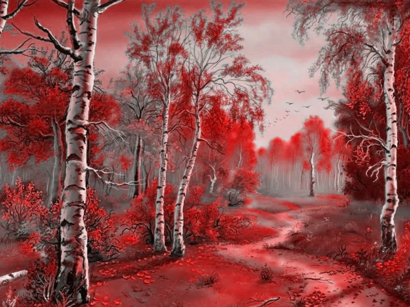 Artistic landscape of a red-tinted birch forest: white trunks, vivid foliage, and a winding path fading into mist under a pale sky.
