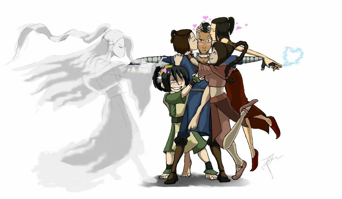 Anime-style illustration of four main characters from Avatar: The Last Airbender sharing a group hug, with a ghostly spirit figure floating nearby.