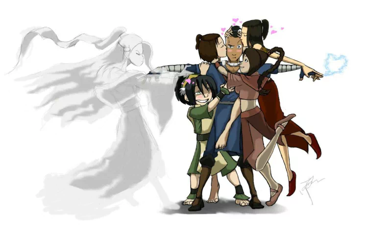 Anime-style illustration of four main characters from Avatar: The Last Airbender sharing a group hug, with a ghostly spirit figure floating nearby.