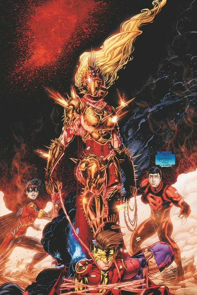 Cassandra Sandsmark as Solstice stands powerfully in the foreground, flanked by Tim Drake's Red Robin, Kid Flash, and Conner Kent's Superboy, from DC Comics' Teen Titans series.