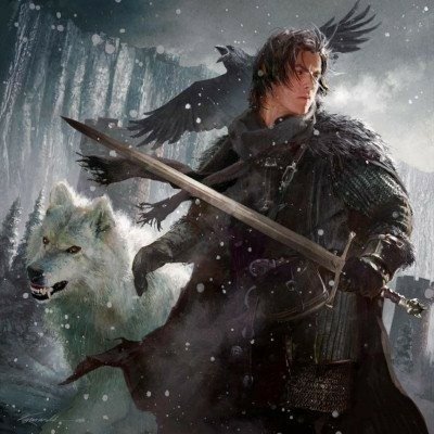 A fantasy warrior clad in dark armor holds a sword, accompanied by a fierce white wolf, set against a snowy, mystical forest backdrop with a raven flying overhead.