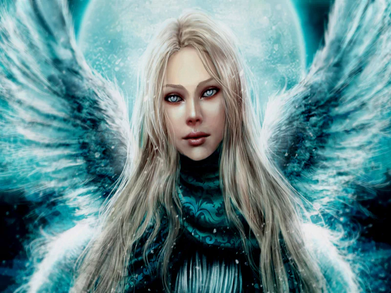 A stunning fantasy angel with long, flowing hair and majestic wings, set against a glowing moonlit backdrop, exudes a captivating ethereal beauty.
