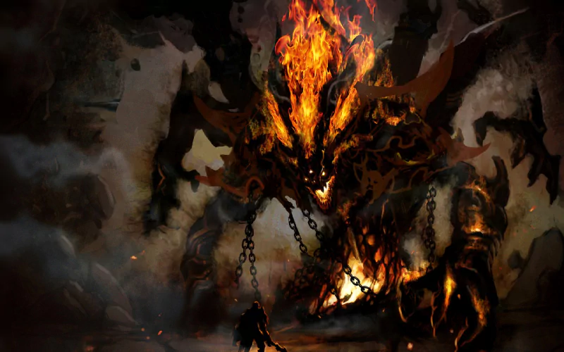 A dramatic scene from the video game AION featuring a colossal, fiery monster surrounded by darkness, embodying elements of fantasy and adventure typical of Paradise Kiss.