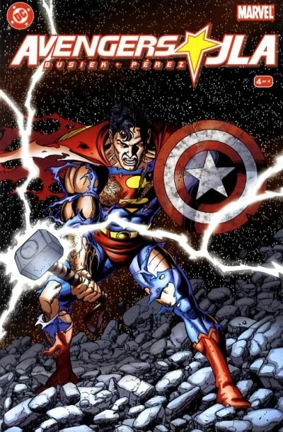 Comic cover featuring Superman wielding Captain America's shield and Thor's hammer, blending iconic elements from JLA and Avengers in an intense action scene.