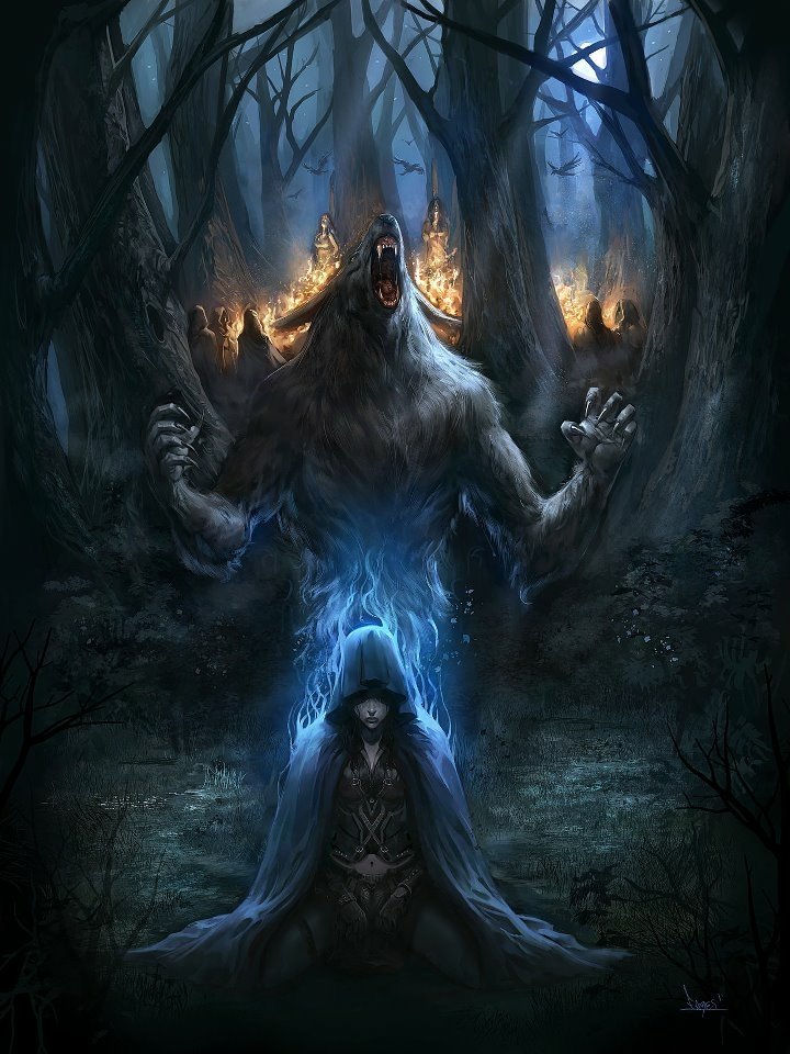 A dark, atmospheric scene featuring a fierce werewolf looming over a cloaked figure, surrounded by a foggy forest and distant flames, creating an eerie and mystical ambiance.