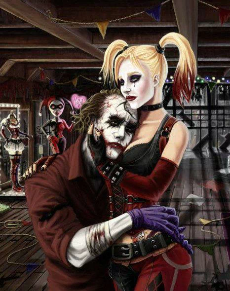 Harley Quinn embraces the Joker in a dynamic fantasy scene, showcasing their intense connection amidst a playful and chaotic background.