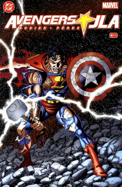 Comic cover featuring Superman wielding Captain America's shield and Thor's hammer, blending iconic elements from JLA and Avengers in an intense action scene.