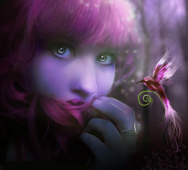 A mystical, purple-hued fantasy scene featuring a woman with vibrant pink hair gazing at a small magical bird emitting a glowing aura.