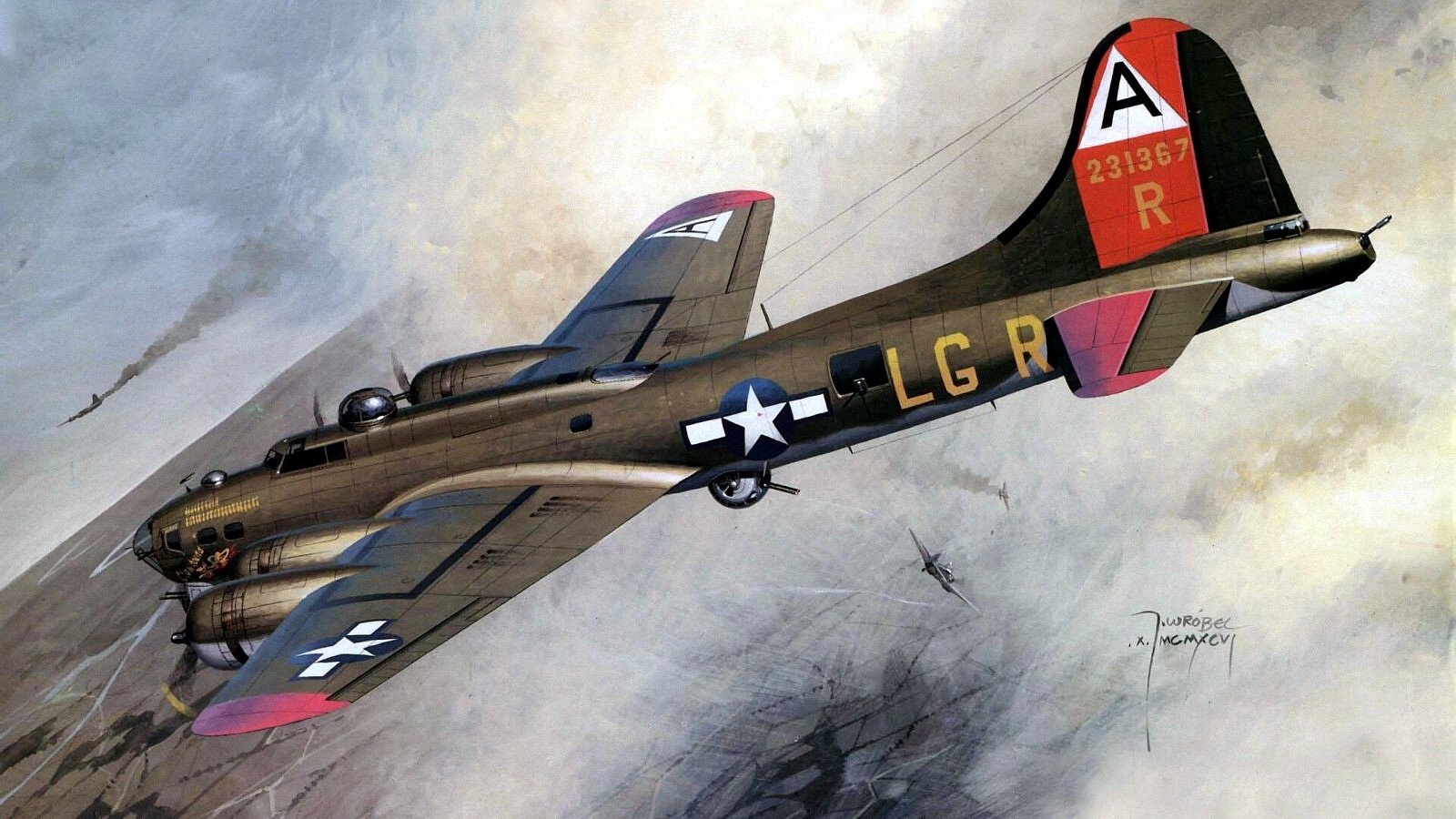 A military aircraft with distinctive markings flies through a cloudy sky, accompanied by several smaller planes in the background.