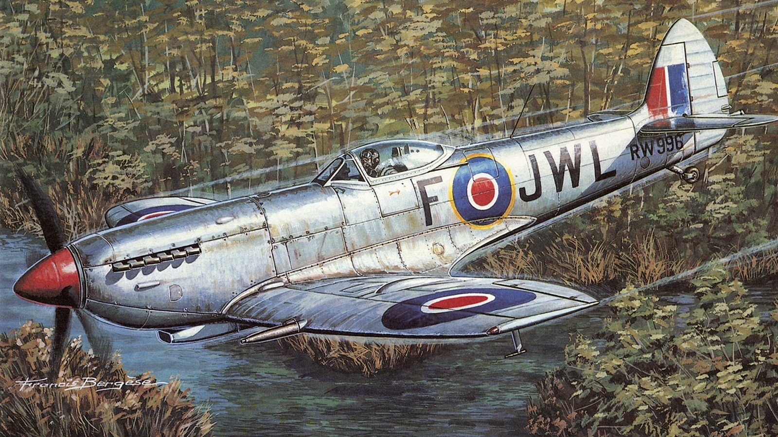 Painting of a military aircraft: a silver WWII-era RAF fighter with roundels and squadron code, skimming low over marshy terrain.