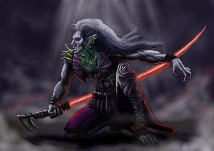 A dark, menacing vampire crouches with glowing red eyes and long silver hair, gripping a fiery red sword in a shadowy, mist-filled environment.