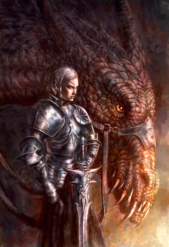 A fantasy scene featuring a silver-haired warrior in armor, standing confidently with a magnificent dragon beside them, embodying the spirit of Elric.