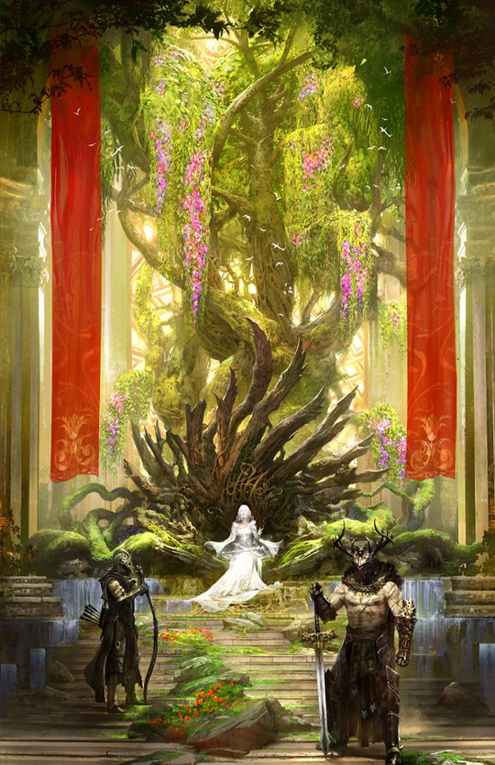 A fantasy scene features a woman sitting on a grand throne made of twisted roots, surrounded by lush greenery and vibrant flowers, with two armored figures standing guard.