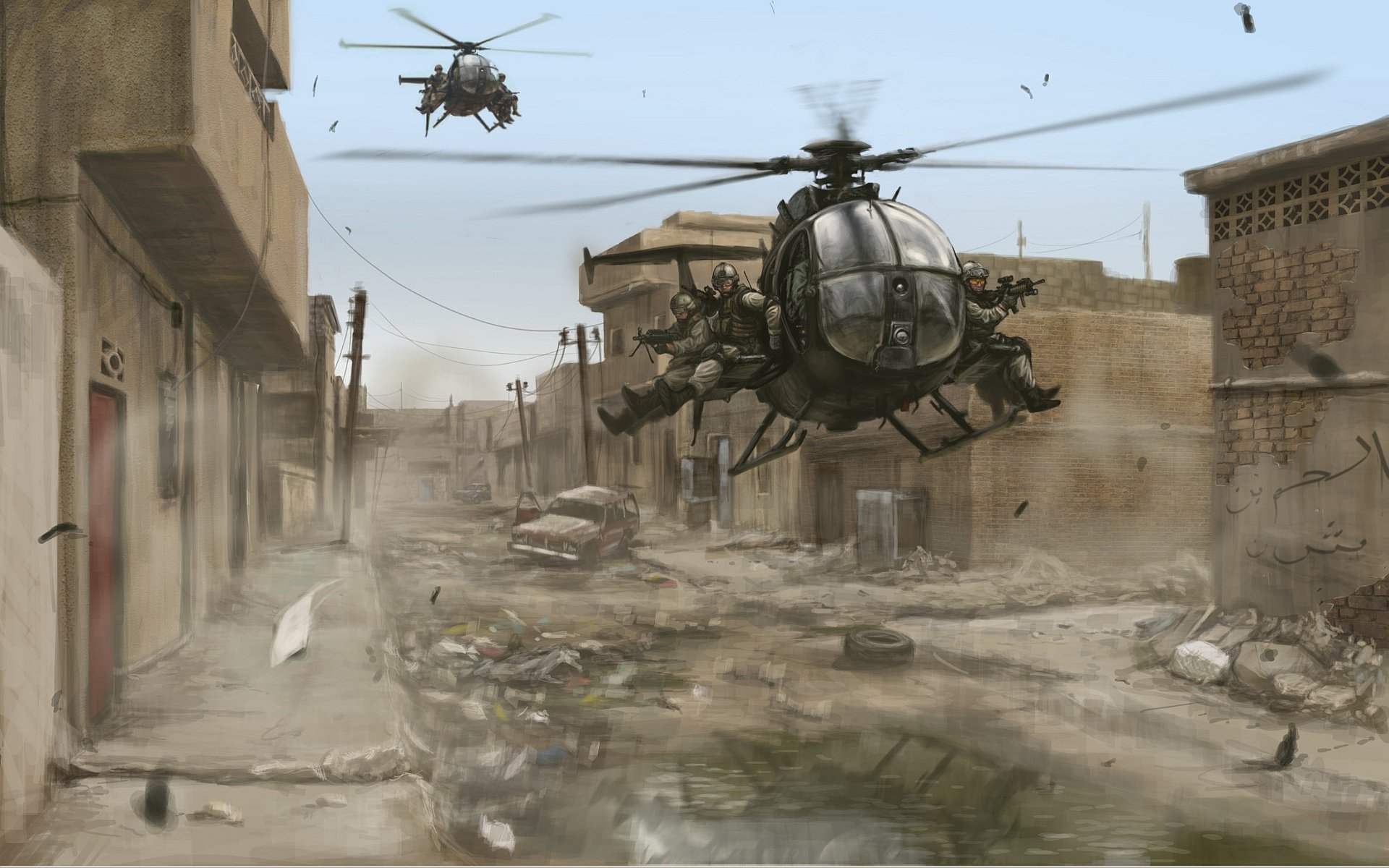 Military aircraft helicopters hover low over a damaged urban area with debris and rubble scattered around.