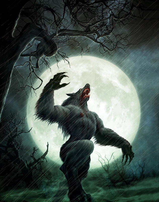 A menacing werewolf stands amidst dark, rain-soaked trees, howling at a luminous full moon, embodying the eerie atmosphere of a stormy night.