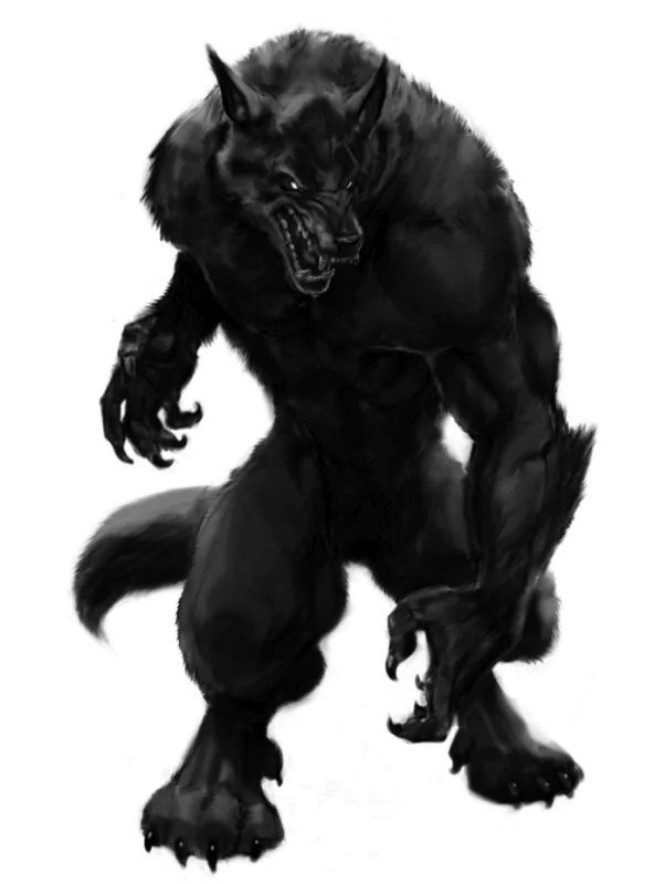 A fierce, dark werewolf stands menacingly, showcasing muscular form and sharp claws, embodying the essence of myth and preying on the primal fears of the night.