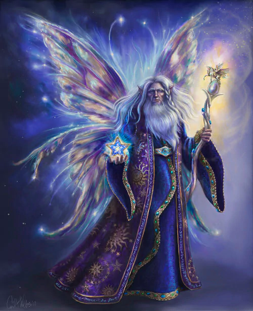 A fantasy wizard with glowing butterfly wings holds a magical staff and a glowing star orb, surrounded by a mystical, cosmic aura.