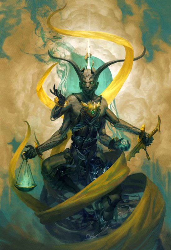A powerful demon figure sits in a meditative pose, adorned with mystical jewelry. Wisps of yellow fabric swirl around, complementing the ethereal background of soft clouds and light.