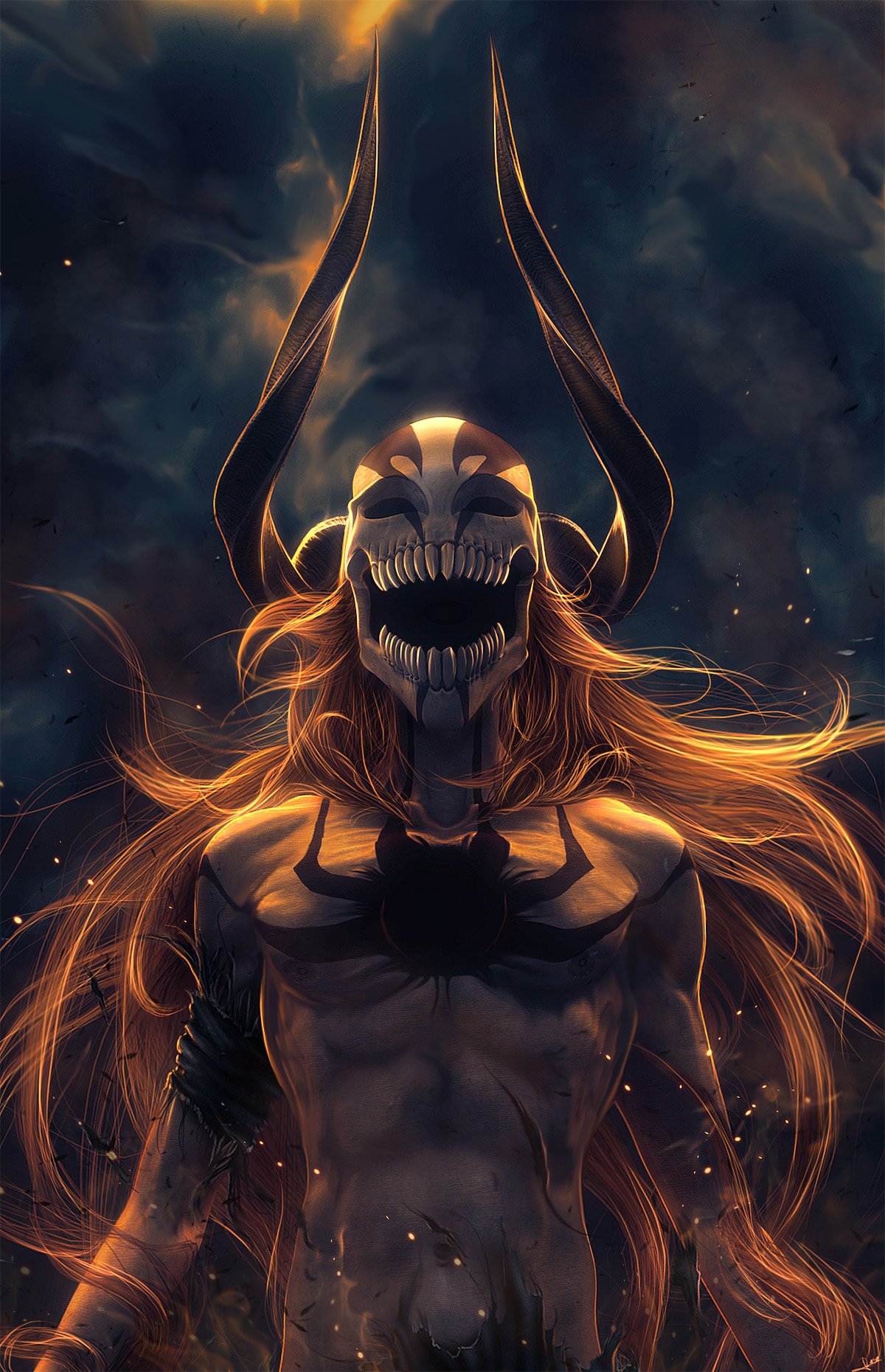 A towering fantasy figure with long, flowing hair and a monstrous, skeletal face rises against a stormy backdrop, embodying an eerie and powerful presence.