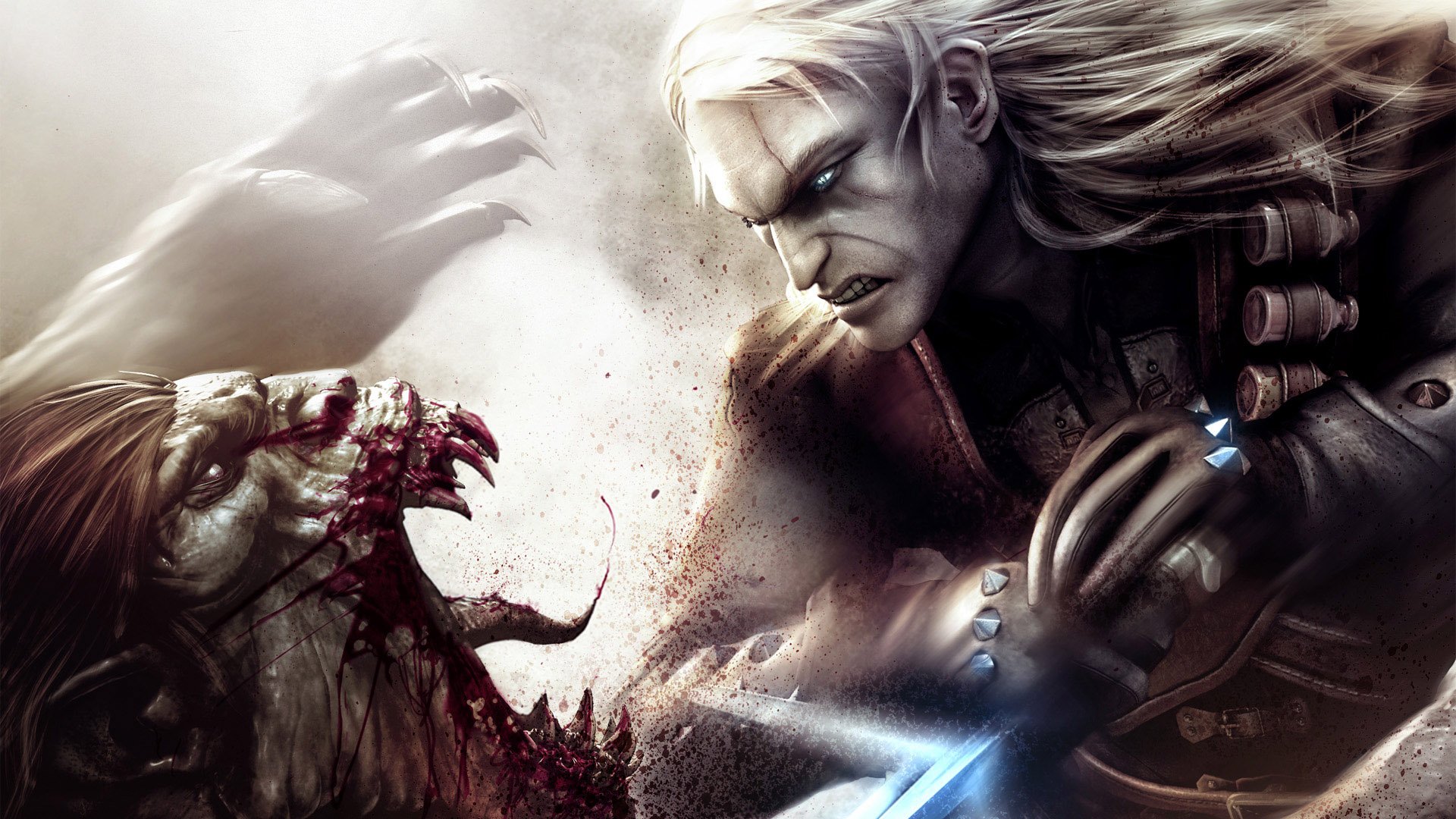 A fierce warrior resembling Geralt from The Witcher battles a monstrous orc in an intense video game-inspired fight scene.