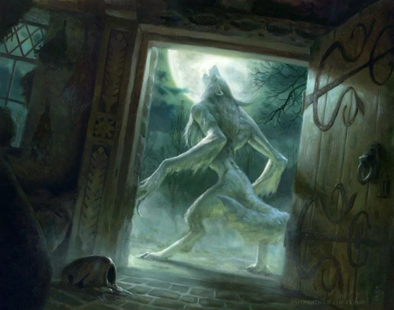 A dark werewolf stands in a shadowy doorway, illuminated by the full moon, creating an eerie atmosphere as it looms over the fog-covered ground.