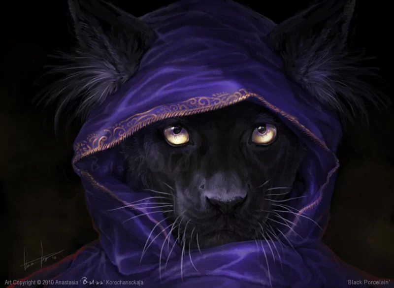 A mystical black panther with glowing eyes cloaked in a deep purple hood, blending fantasy and animal elements in a dark, magical setting.