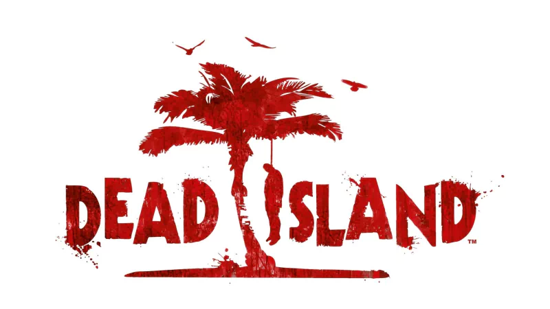 Dead Island video game logo — red, blood-splattered palm tree silhouette forming the 'I' in bold 'DEAD ISLAND' with birds flying overhead.