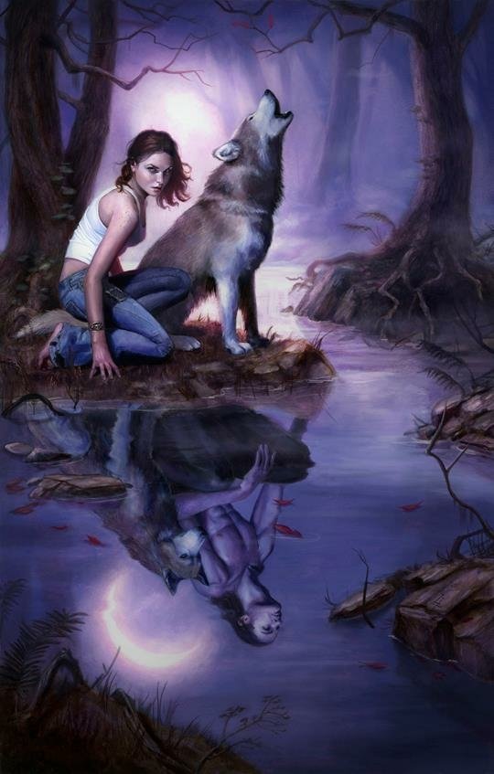 A young woman kneels by a dark forest stream, alongside a howling werewolf. Their reflections merge, hinting at a mystical connection under a crescent moon.