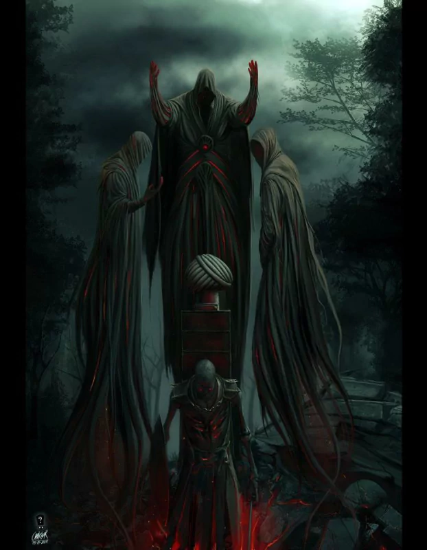 A dark, occult scene with hooded figures surrounding a pedestal, set in a shadowy forest under a cloudy, ominous sky.